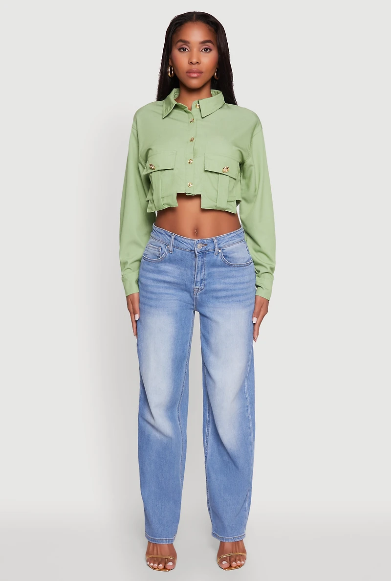 Womens Classic Fit Long Sleeve Cropped Shirt with Flap Pocket, Green,