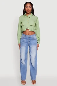 Womens Classic Fit Long Sleeve Cropped Shirt with Flap Pocket, Green, Size M
