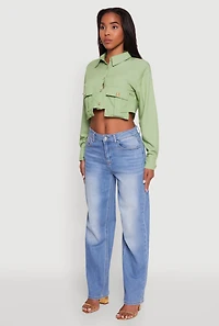 Womens Classic Fit Long Sleeve Cropped Shirt with Flap Pocket, Green, Size M