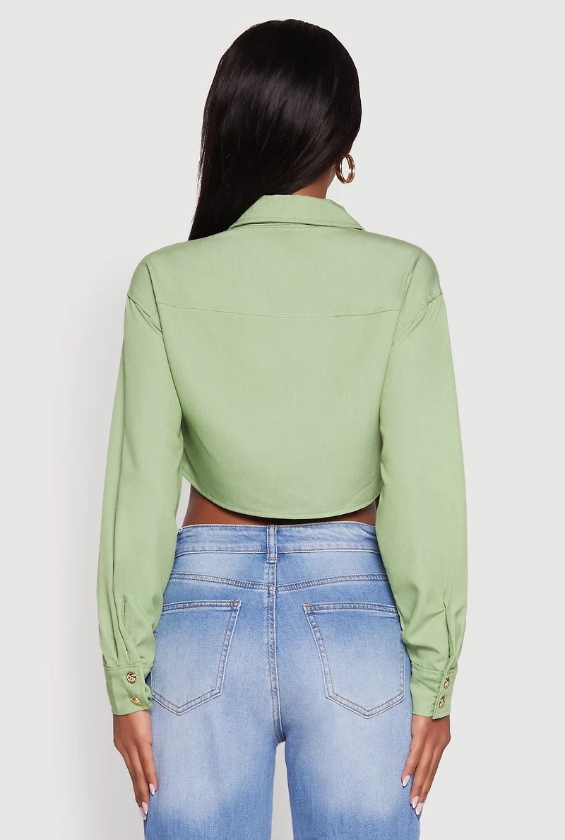 Womens Classic Fit Long Sleeve Cropped Shirt with Flap Pocket, Green, Size M