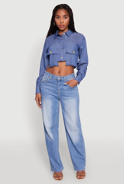 Womens Classic Fit Long Sleeve Cropped Shirt with Flap Pocket,