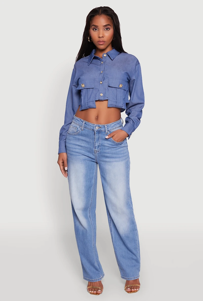 Womens Classic Fit Long Sleeve Cropped Shirt with Flap Pocket, Blue, Size XL