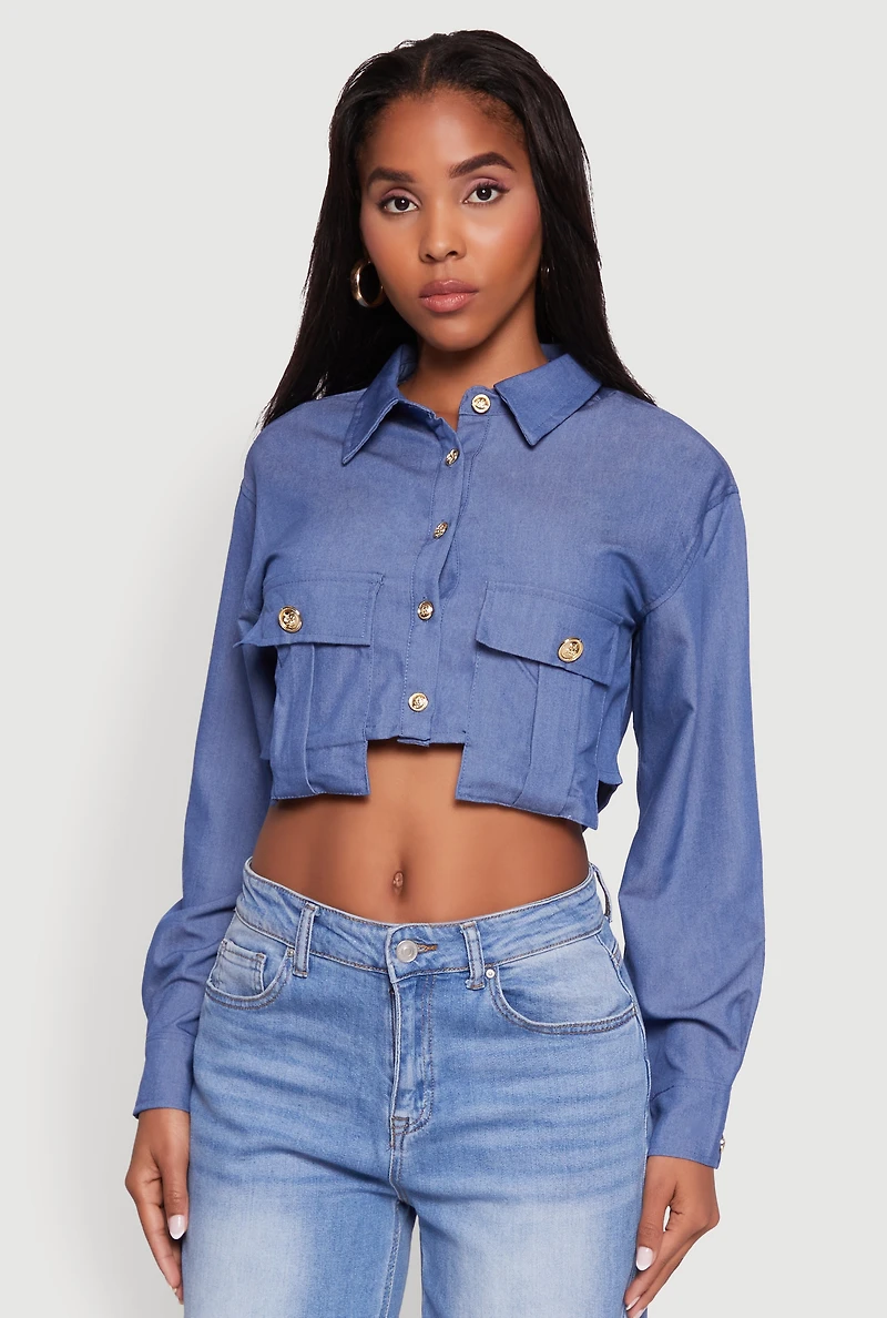 Womens Classic Fit Long Sleeve Cropped Shirt with Flap Pocket, Blue, Size XL