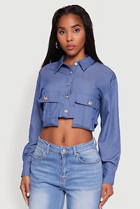 Womens Classic Fit Long Sleeve Cropped Shirt with Flap Pocket, Blue, Size XL
