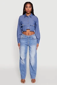 Womens Classic Fit Long Sleeve Cropped Shirt with Flap Pocket, L