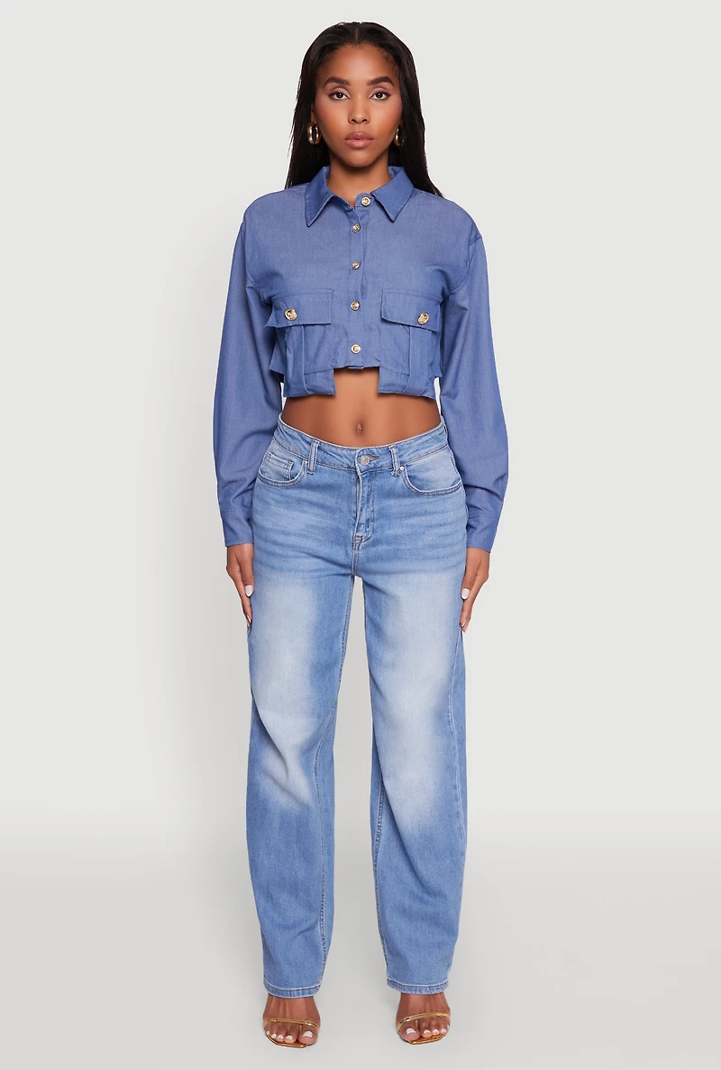 Womens Classic Fit Long Sleeve Cropped Shirt with Flap Pocket, Blue, Size XL