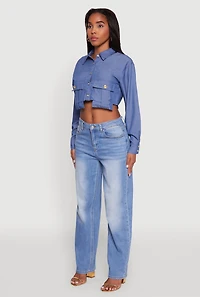 Womens Classic Fit Long Sleeve Cropped Shirt with Flap Pocket, L