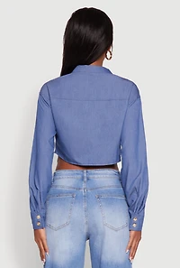 Womens Classic Fit Long Sleeve Cropped Shirt with Flap Pocket, Blue, Size XL