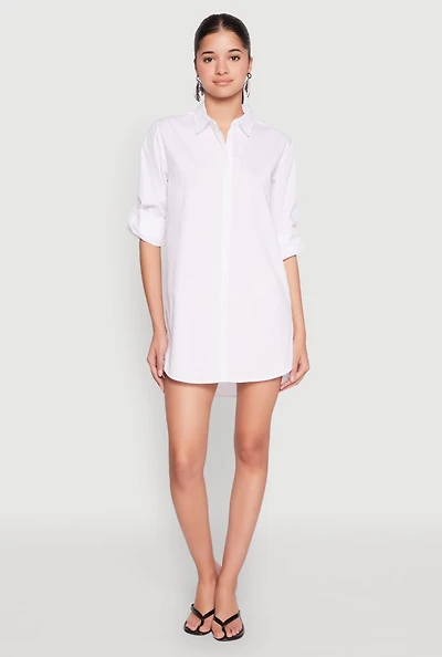 Womens Poplin Shirt Dress, White, Size M
