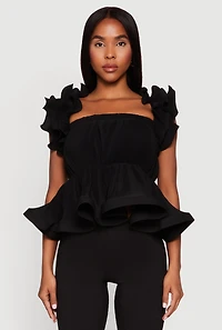 Womens Ruffle Sleeve Plisse Peplum Top,