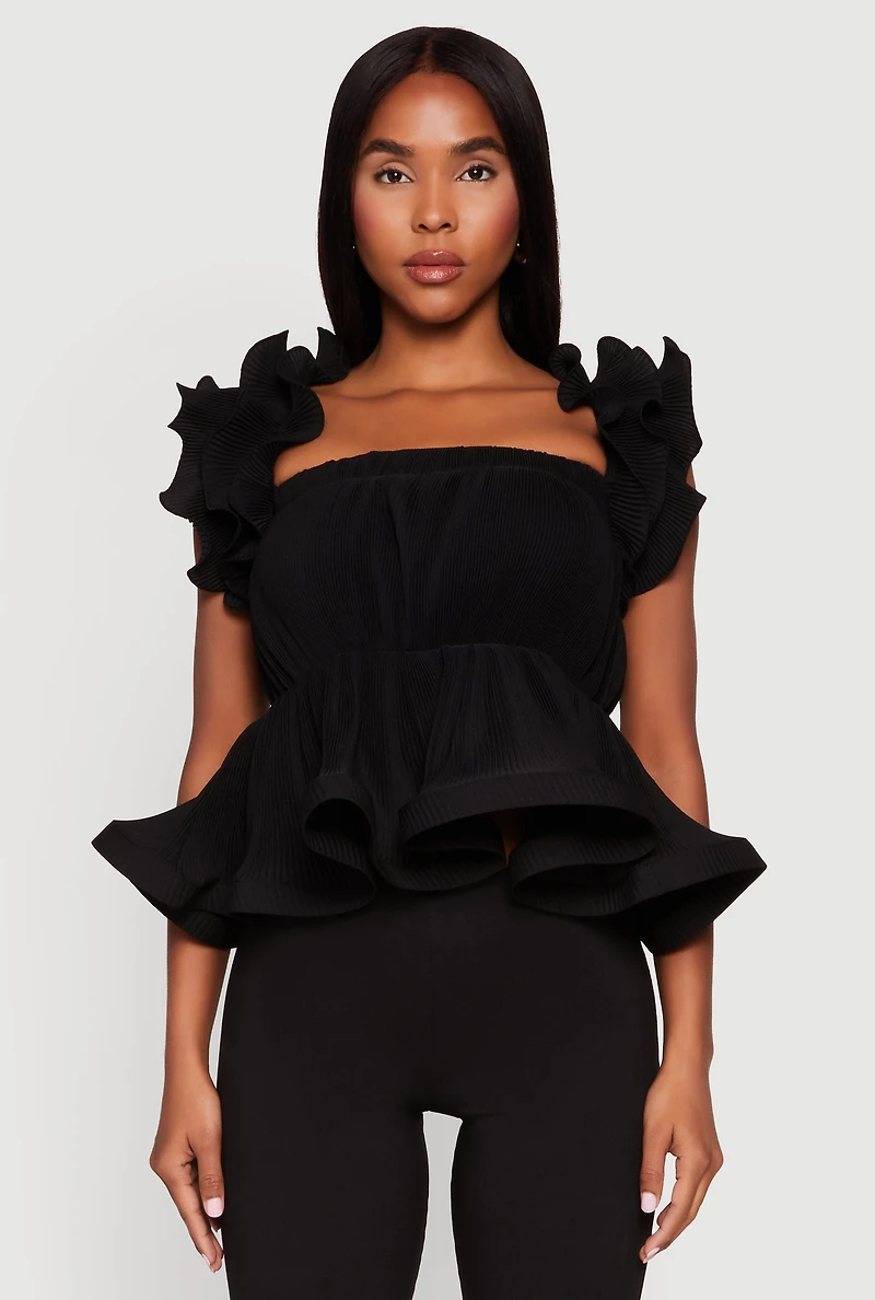 Womens Ruffle Sleeve Plisse Peplum Top, M