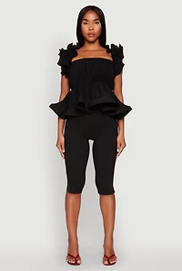 Womens Ruffle Sleeve Plisse Peplum Top,