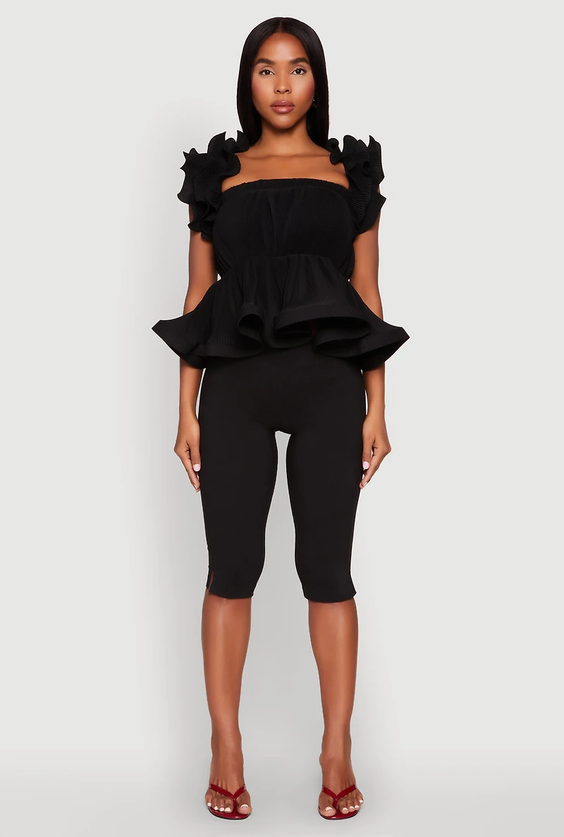 Womens Ruffle Sleeve Plisse Peplum Top, M