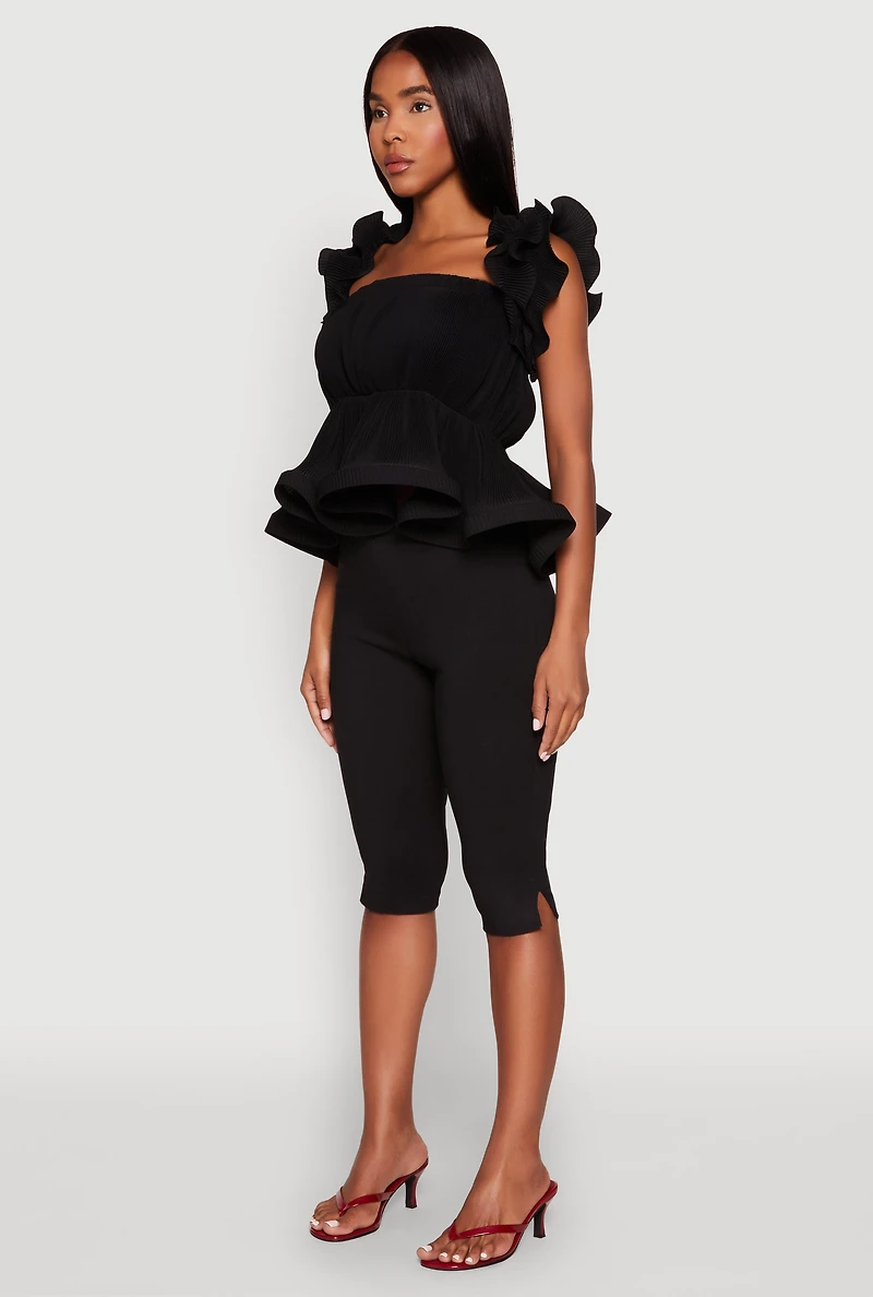 Womens Ruffle Sleeve Plisse Peplum Top, M