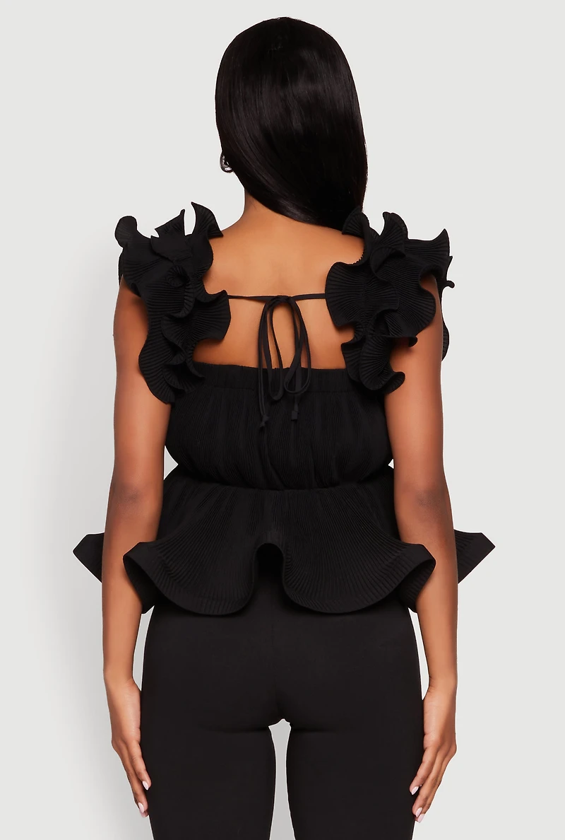 Womens Ruffle Sleeve Plisse Peplum Top, M