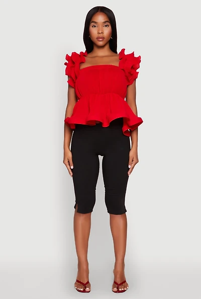 Womens Ruffle Sleeve Plisse Peplum Top,