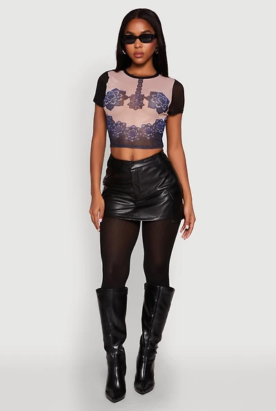 Womens Graphic Print Mesh Top, Multi,