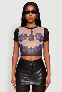 Womens Graphic Print Mesh Top, Multi,