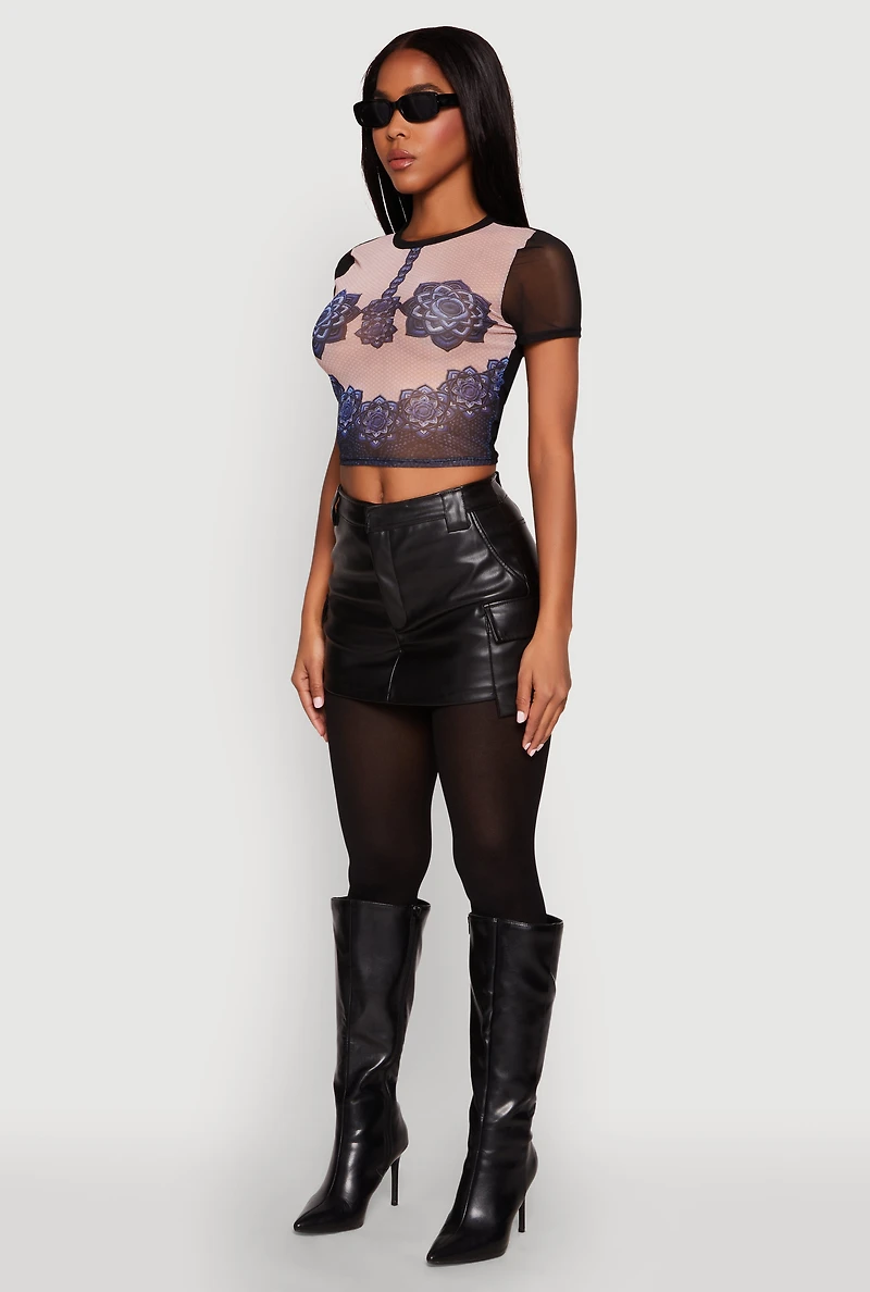 Womens Graphic Print Mesh Top, Multi,