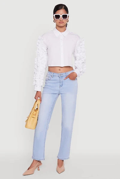 Womens Ruffle Trim Sleeve Cropped Button Front Shirt, White,