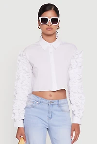 Womens Ruffle Trim Sleeve Cropped Button Front Shirt, White,