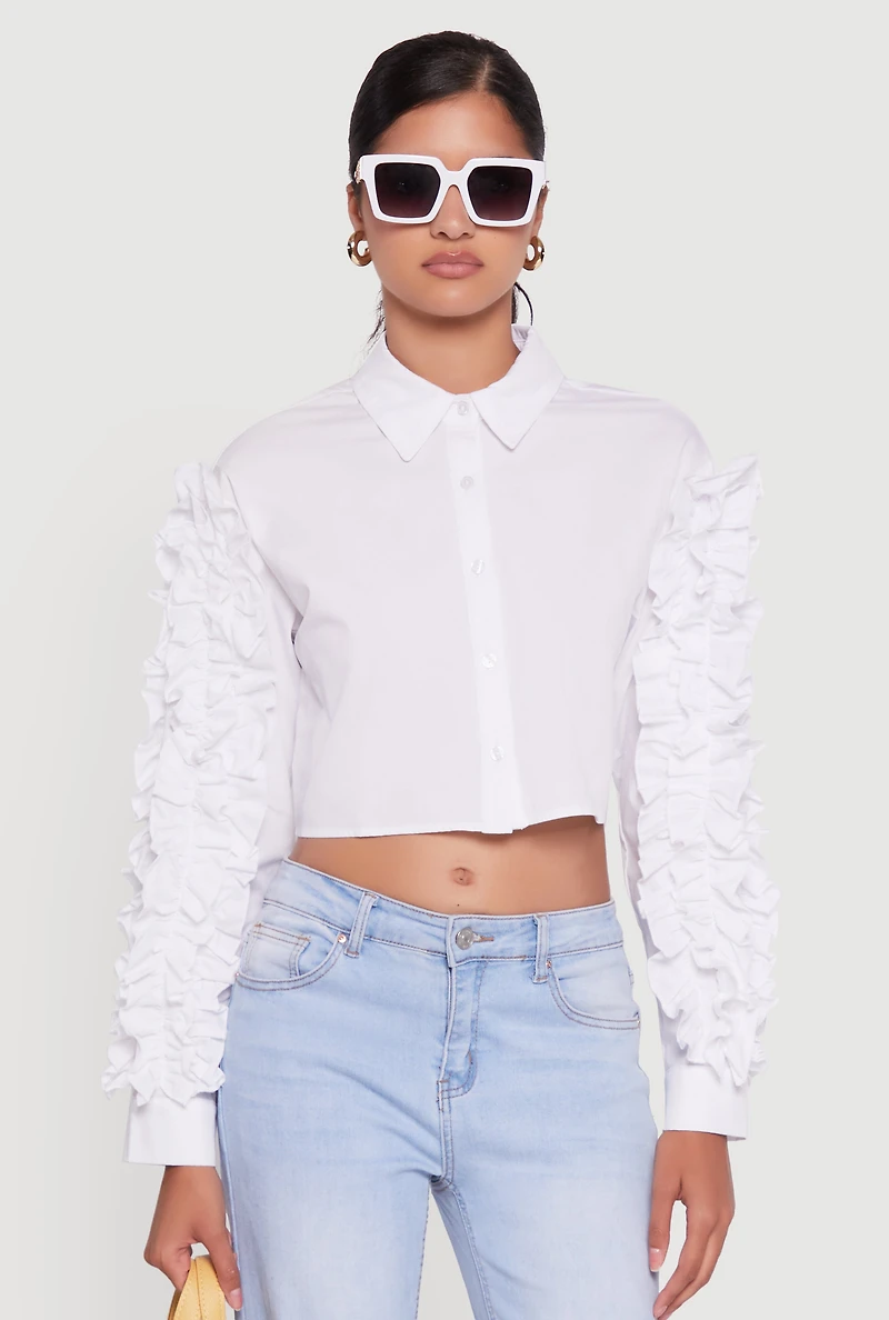 Womens Ruffle Trim Sleeve Cropped Button Front Shirt, White, Size S