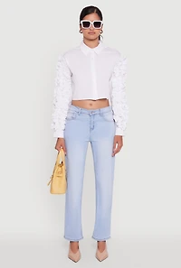 Womens Ruffle Trim Sleeve Cropped Button Front Shirt, White,