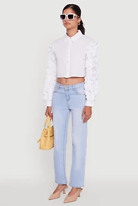 Womens Ruffle Trim Sleeve Cropped Button Front Shirt, White,
