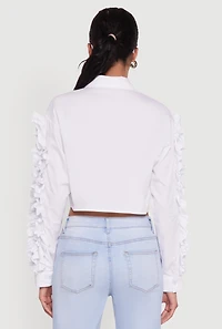 Womens Ruffle Trim Sleeve Cropped Button Front Shirt, White,