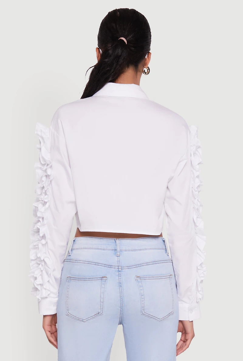 Womens Ruffle Trim Sleeve Cropped Button Front Shirt, White, Size S