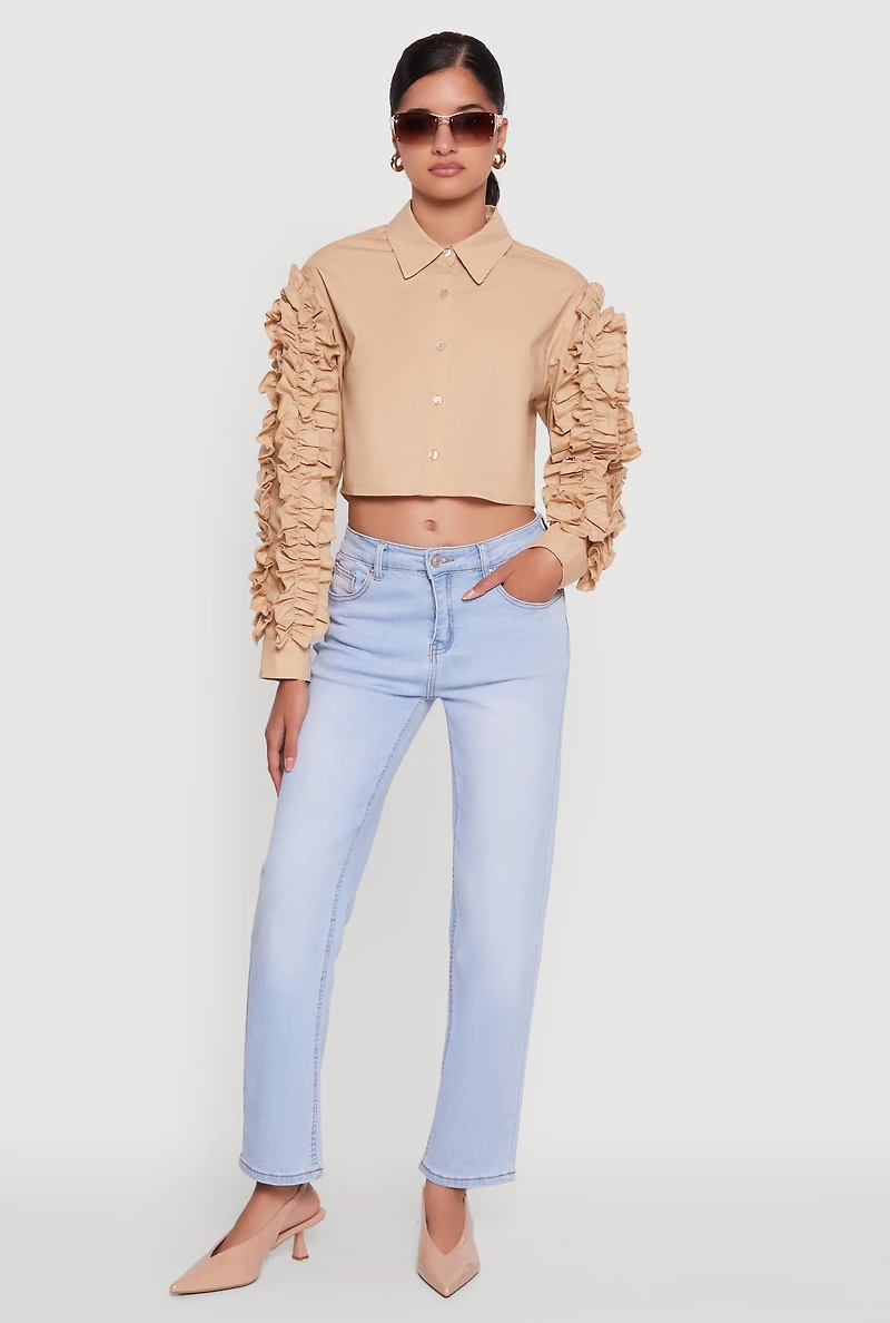Womens Ruffle Trim Sleeve Cropped Button Front Shirt, Beige, Size S