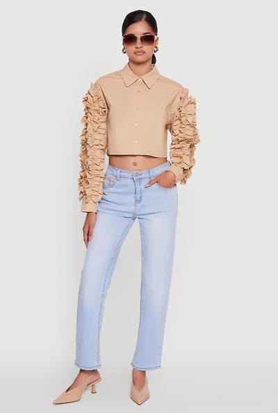 Womens Ruffle Trim Sleeve Cropped Button Front Shirt, Beige, Size S