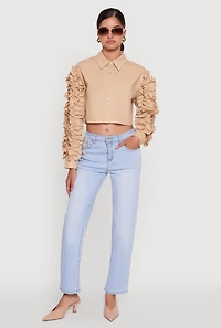 Womens Ruffle Trim Sleeve Cropped Button Front Shirt, Beige, Size S
