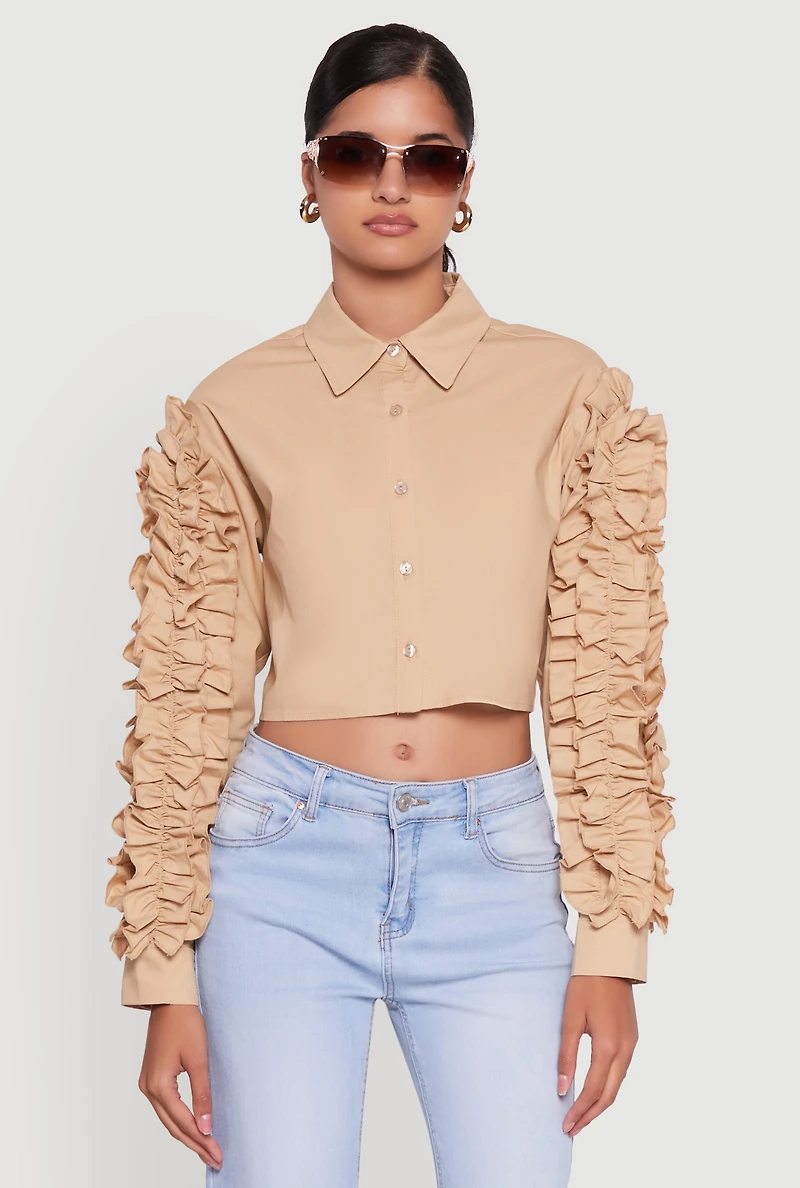 Womens Ruffle Trim Sleeve Cropped Button Front Shirt, Beige,