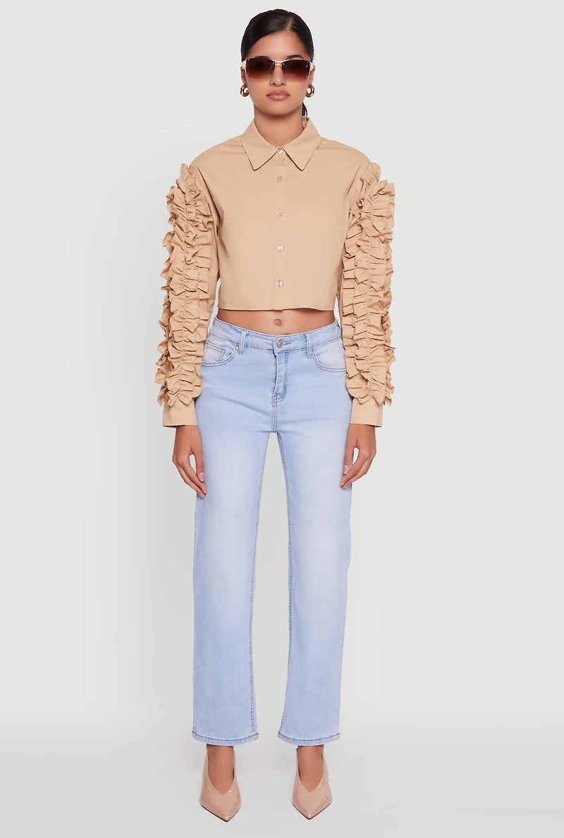 Womens Ruffle Trim Sleeve Cropped Button Front Shirt, Beige,