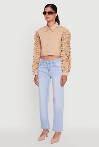 Womens Ruffle Trim Sleeve Cropped Button Front Shirt, Beige, Size S