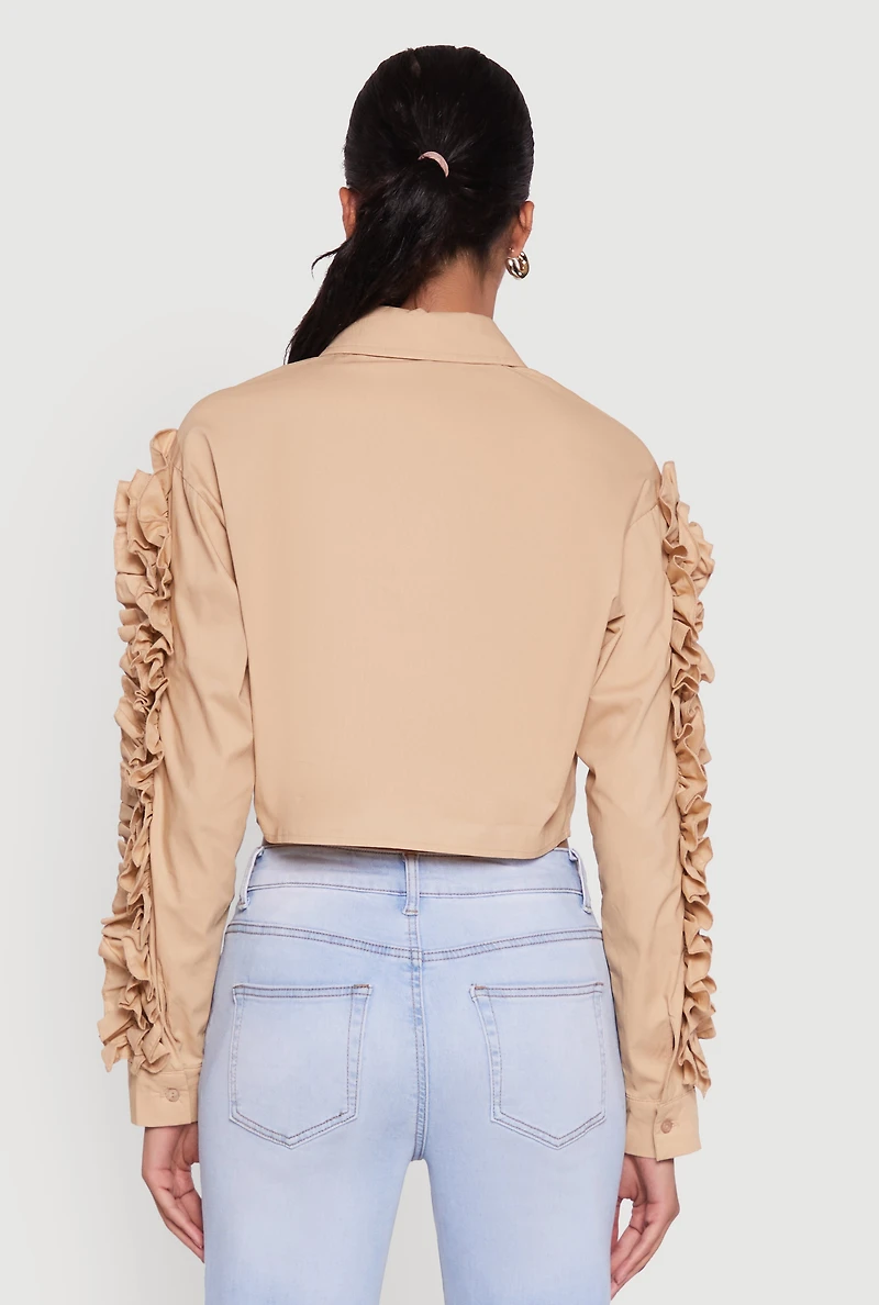 Womens Ruffle Trim Sleeve Cropped Button Front Shirt, Beige,