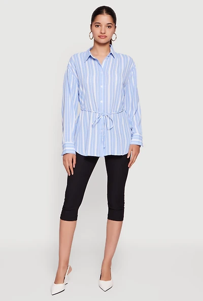 Striped Crepe Knit Tie Waist Belted Button Front Shirt