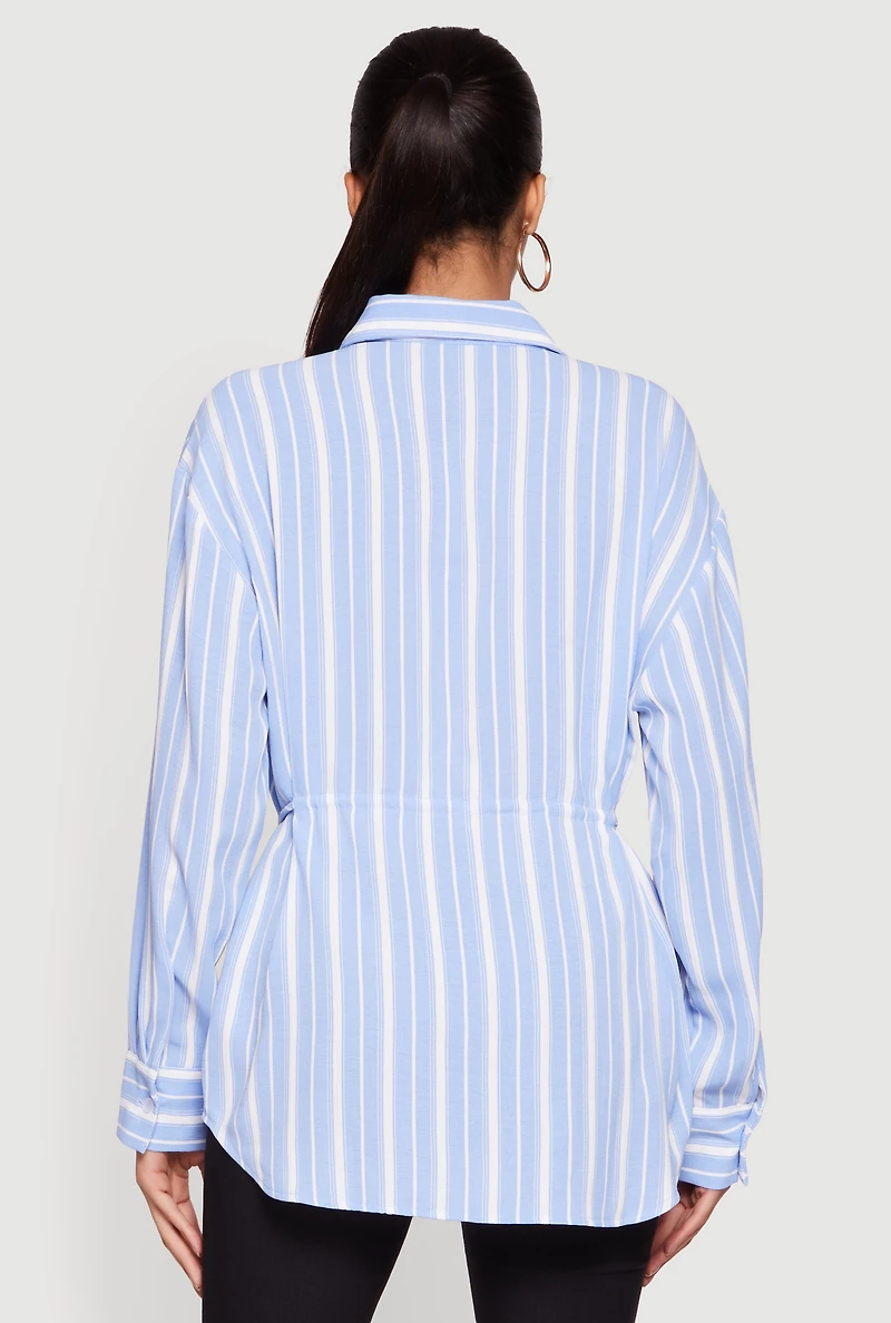 Striped Crepe Knit Tie Waist Belted Button Front Shirt
