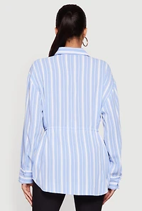 Striped Crepe Knit Tie Waist Belted Button Front Shirt
