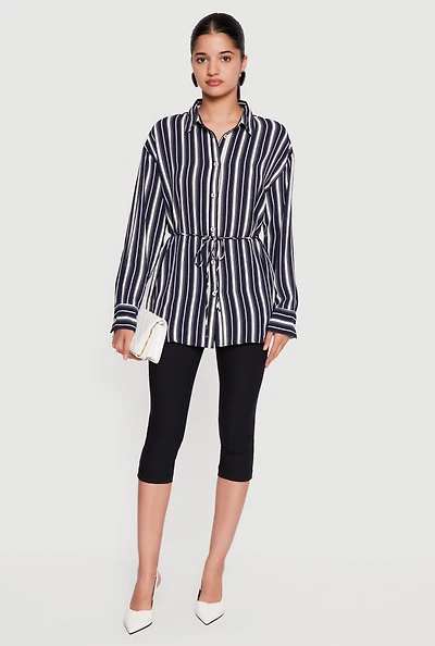 Striped Crepe Knit Tie Waist Belted Button Front Shirt