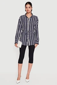 Striped Crepe Knit Tie Waist Belted Button Front Shirt