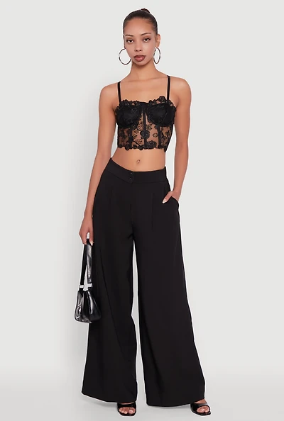 Womens Floral Embroidered Mesh Crop Bustier Top, Black, Size S