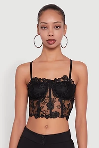Womens Floral Embroidered Mesh Crop Bustier Top, Black, Size M