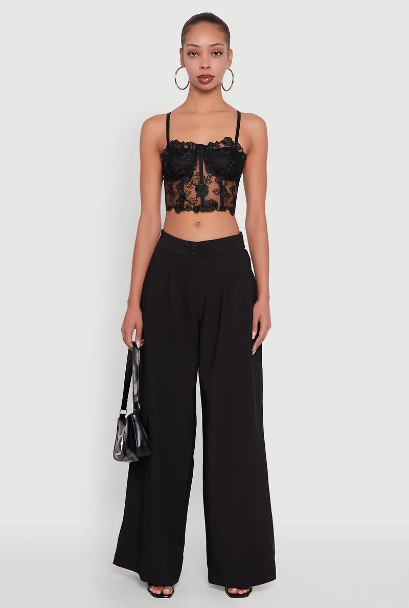 Womens Floral Embroidered Mesh Crop Bustier Top, Black, Size M