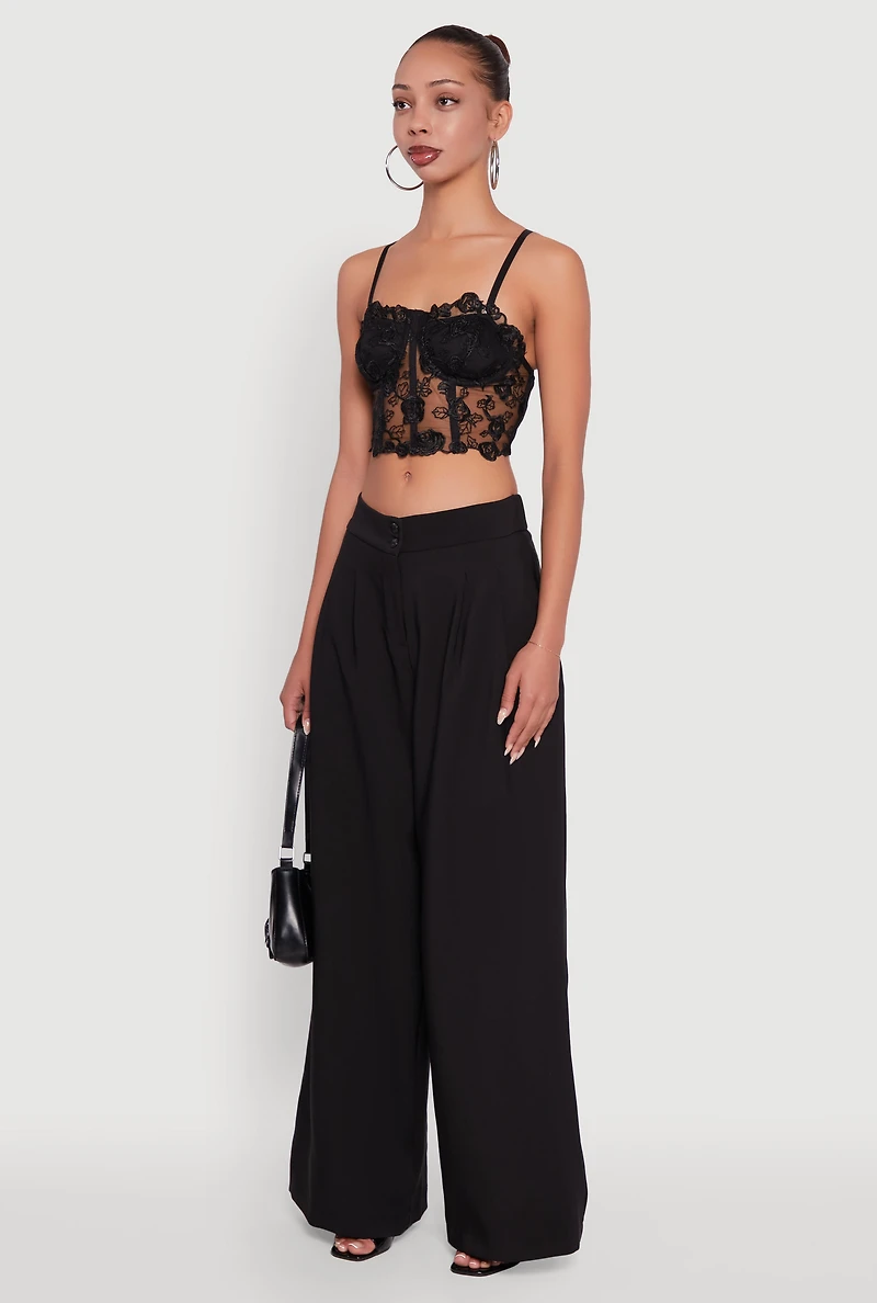 Womens Floral Embroidered Mesh Crop Bustier Top, Black, Size M