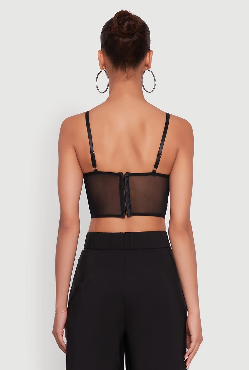 Womens Floral Embroidered Mesh Crop Bustier Top, Black, Size M