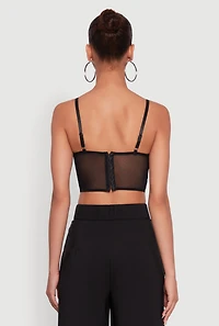 Womens Floral Embroidered Mesh Crop Bustier Top, Black, Size M