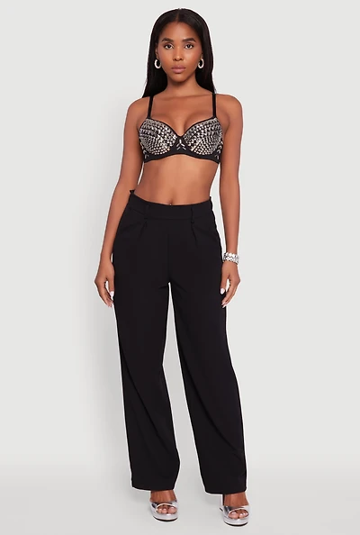 Womens Metallic Studded Sweetheart Bustier Crop Top, Black, Size L-XL