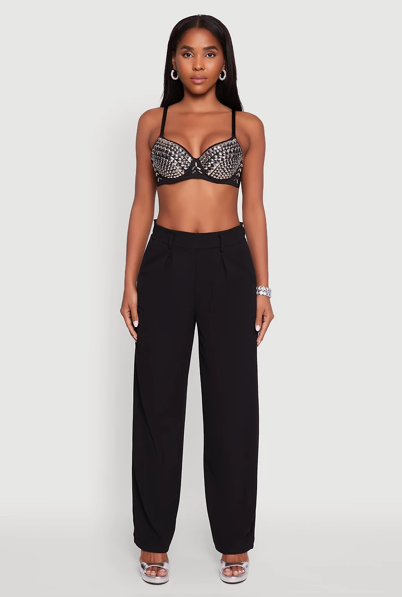 Womens Metallic Studded Sweetheart Bustier Crop Top, Black,